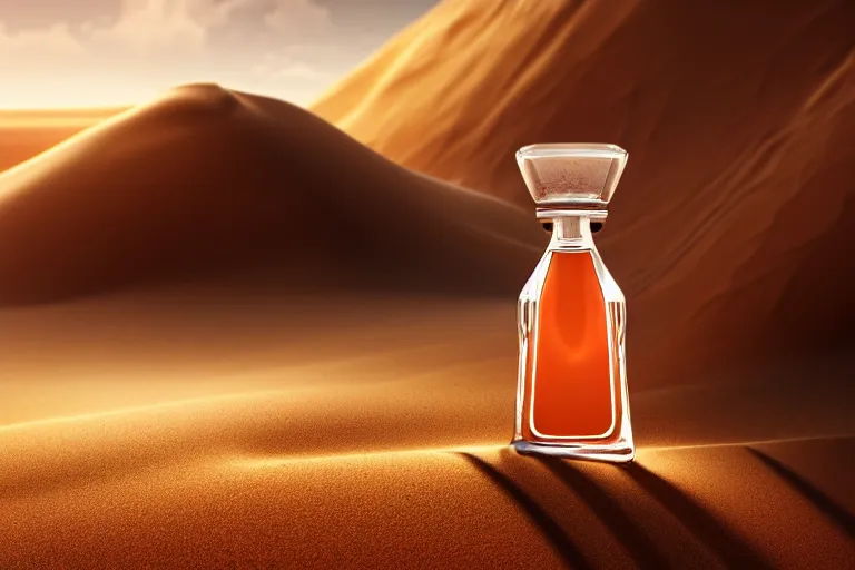 Prompt: perfume bottle buried in a sandy dreamy dune, marmelade orange colors, dramatic, mid day, sand dune background, large scale, hyperrealistic, lots of detail, realistic lighting, octane render, by wlop, artgerm, trending on artstation