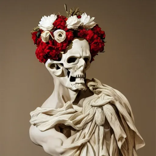 Image similar to a man in the form of a Greek sculpture with a mask in the form of a skull and wreath of flowers skulls in hands dressed in a biomechanical dress, red white and gold color scheme, baroque, by Michelangelo