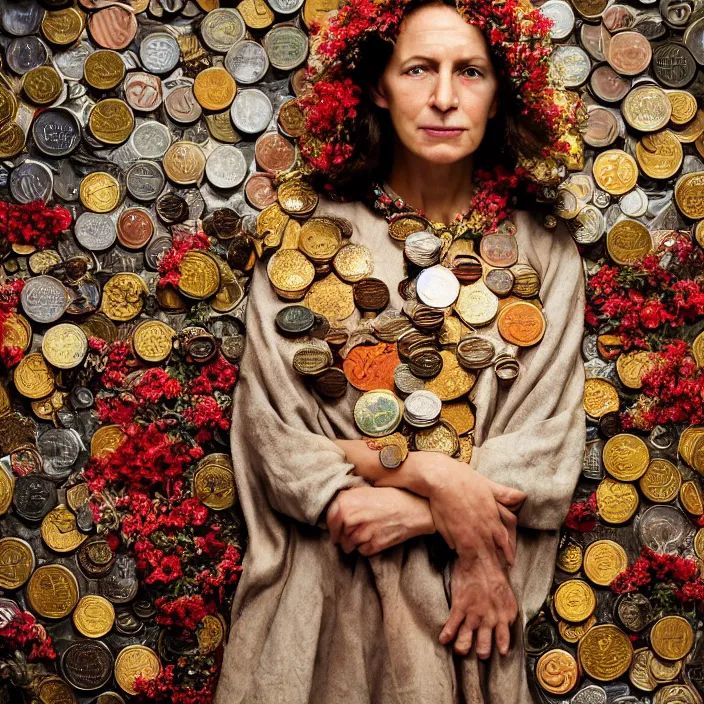 Image similar to closeup portrait of a woman wearing a cloak made of coins and flowers, standing in hell, by Annie Leibovitz and Steve McCurry, natural light, detailed face, CANON Eos C300, ƒ1.8, 35mm, 8K, medium-format print