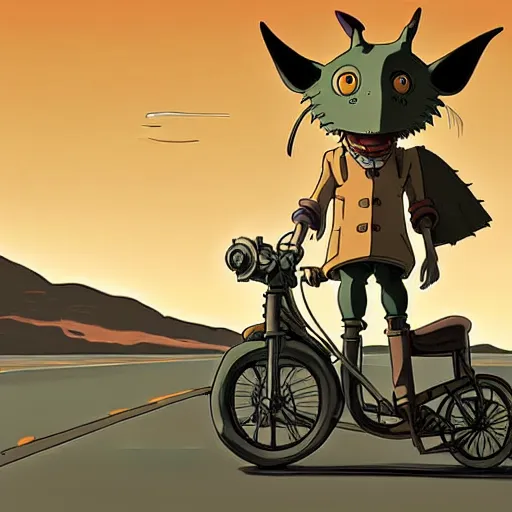 Image similar to a study of cell shaded cartoon of a mechanized jackal from howl's moving castle ( 2 0 0 4 ) on a desert road, in front of a big moon, full body, wide shot, very muted colors, post grunge, studio ghibli, laurie greasley, highly detailed, deviantart, art by artgem