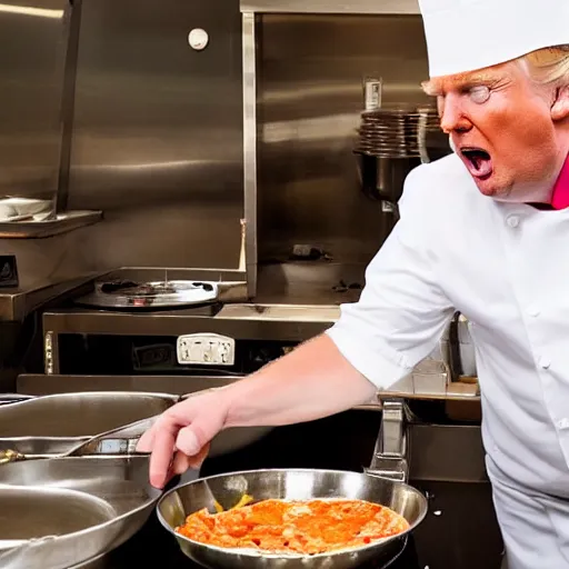 Image similar to high quality photo of Donald Trump working as a cook at a diner. He he is cooking on a griddle. He is yelling and making a mess. Food is going everywhere. Dimly lit