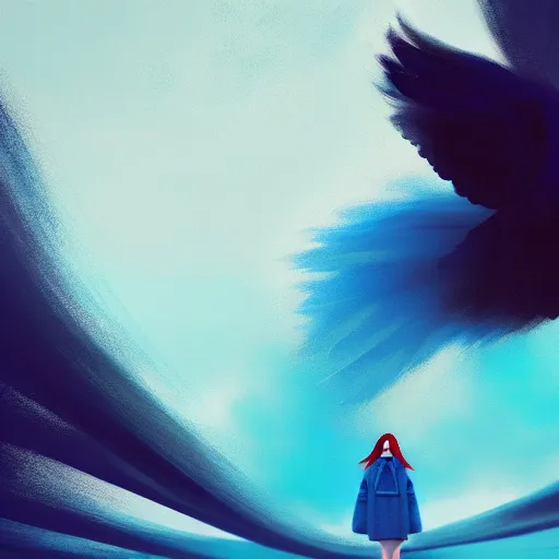 Image similar to many giant droplets of water floating around a flying girl with wings, sky blue straight hair, low - angle shot from behind, blue coat, fur scarf, ultra fine detail, dark theme, realistic painting, photography, psychedelic, film still, cinematic, wlop, ilya kuvshinov, ismail inceoglu,