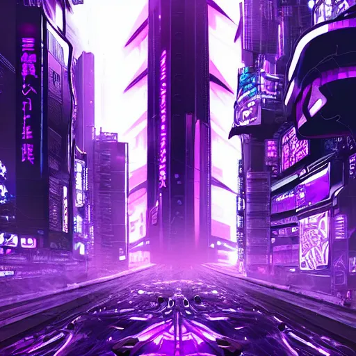 Image similar to Giant Purple Amethyst in cyberpunk neon Tokyo in style of Tsutomu Nihei. Cyberpunk, vertical symmetry, 8K, Highly Detailed, Intricate.