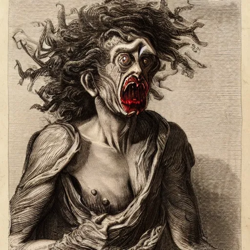 Image similar to a humanoid monster, scary, highly detailed, red, in the style of elisabeth vigee le brun