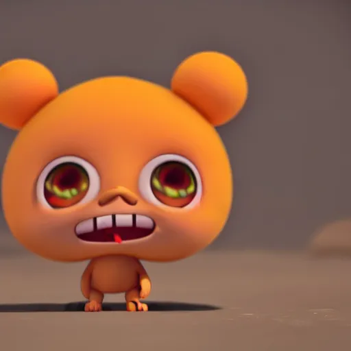 Image similar to final render made with blender of a cute yellow and orange kawaii baby demon with slow eyes and little fangs standing on a beach, by pixar and studio ghibli