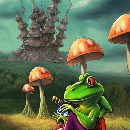 Prompt: A centered chest up portrait of a psychedelic godlike anthropomorphic frog smoking a hand-rolled cigarette smoking heavily , magic mushroom village in background . award winning. superb resolution. in the art style of junji Ito and greg rutkowski . Detailed Mushroom city in background. Hyper realistic anime. Perfect art. Dalle2