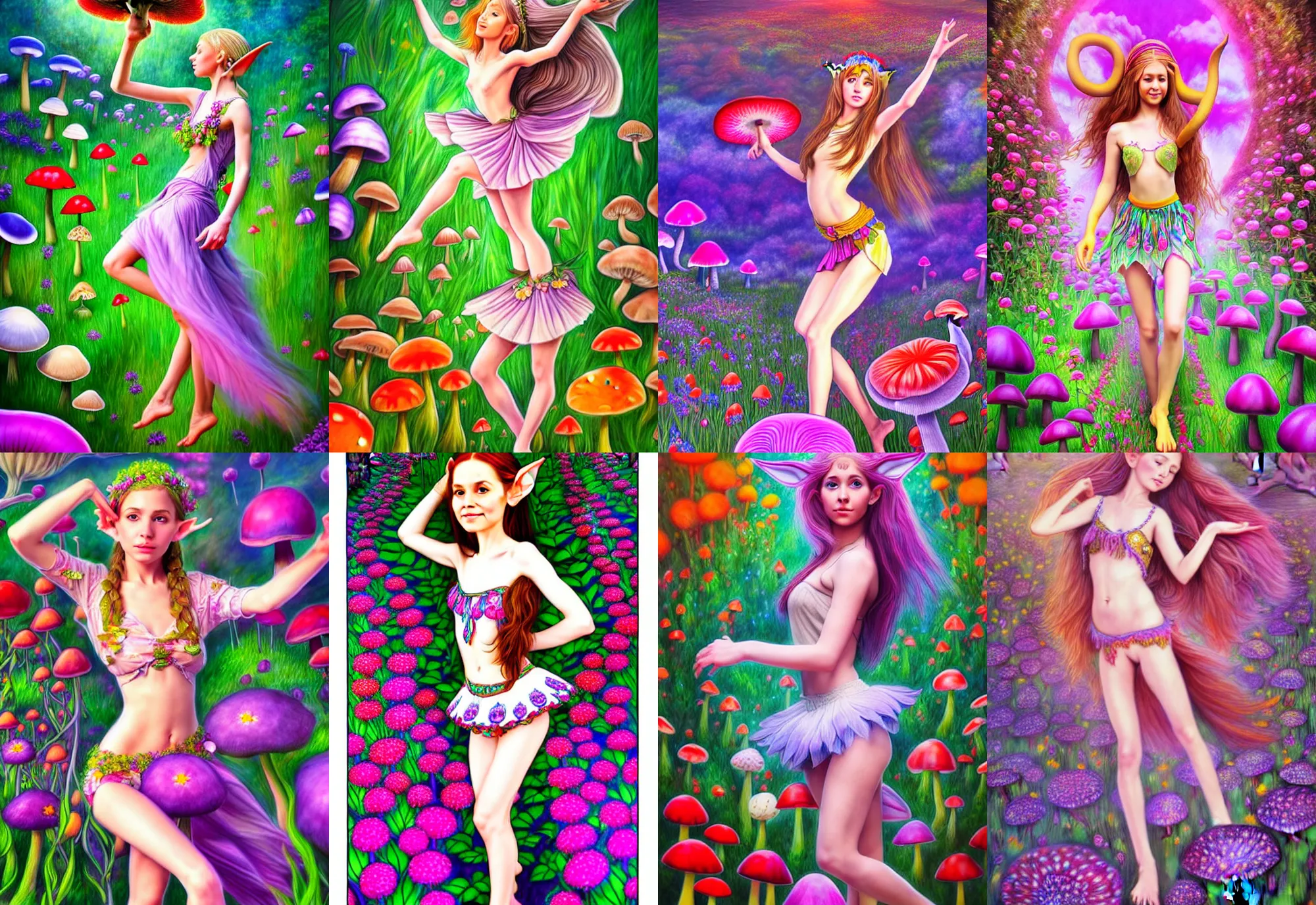 Prompt: A very very very beautiful photorealistic full body drawing of a very beautiful and elegant young elf girl dancing among the giant flowers and mushrooms. A very high quality professional artwork. Very detailed face. Psychedelic style, fantasy, 4k