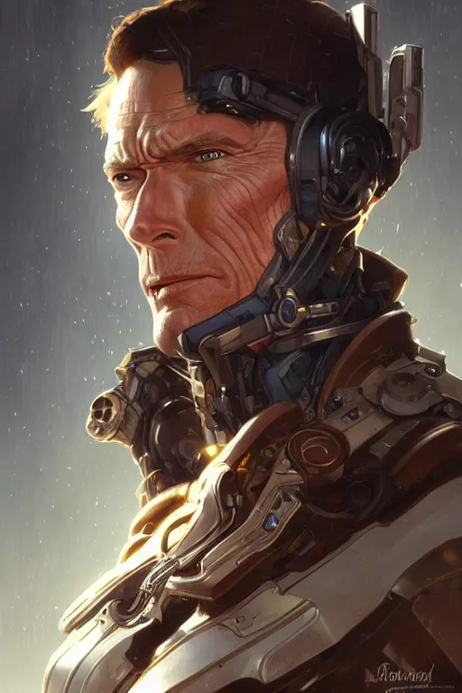 Image similar to clint eastwood cyborg, portrait, western, steampunk, duster, fantasy, intricate, elegant, highly detailed, digital painting, artstation, concept art, sharp focus, illustration, art by artgerm and greg rutkowski and alphonse mucha