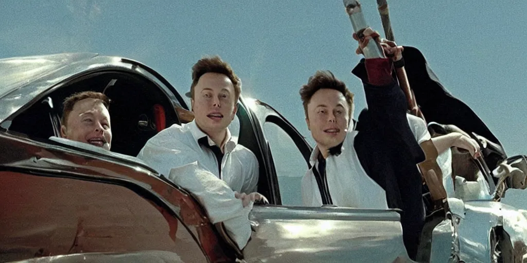 Prompt: a screenshot of Elon Musk and Harry Potter flying with Harry’s broom, in a late 2000’s movie, low quality, vhs quality