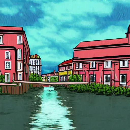 Image similar to digital art painting of a river running through a european town, very mediocre, not detailed at all.