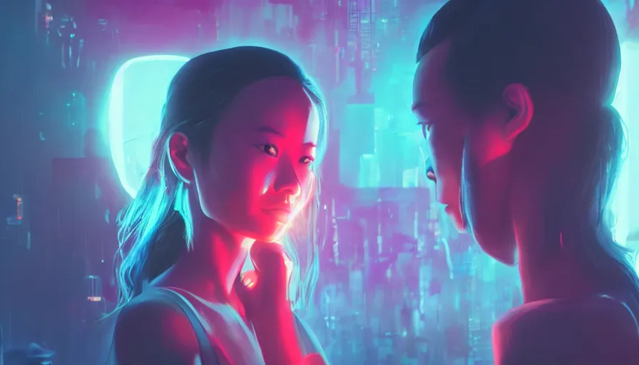 Image similar to jamie chung, lolita, altered carbon, highly detailed surreal neon vfx portrait of a android, stephen bliss, unreal engine, greg rutkowski, loish, rhads, beeple, makoto shinkai and lois van baarle, ilya kuvshinov, rossdraws, tom bagshaw, global illumination, detailed and intricate environment