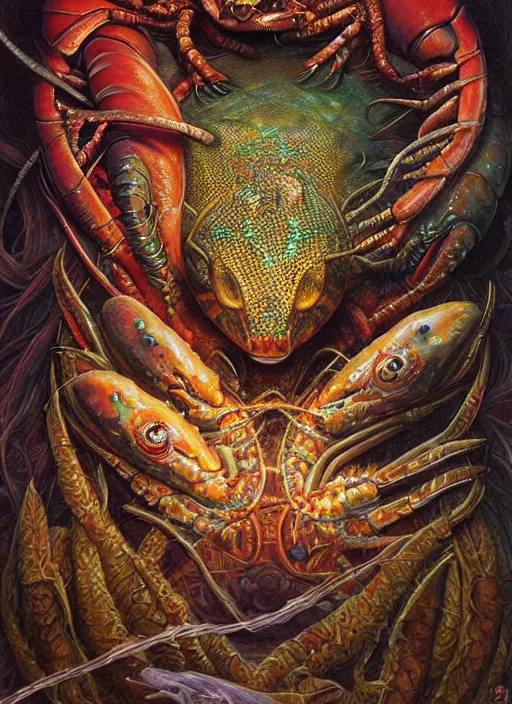 Image similar to lobster glowing reptile eyes, shamanic poster lsd art, intricate, elegant, highly detailed, centered, digital painting, artstation, concept art, smooth, sharp focus, illustration, artgerm, tomasz alen kopera, peter mohrbacher, donato giancola, joseph christian leyendecker, wlop, frank frazetta