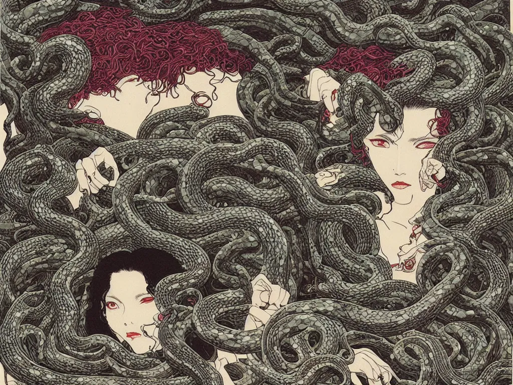 Image similar to medusa, cool face, snakes, super revolution, digital art by takato yamamoto