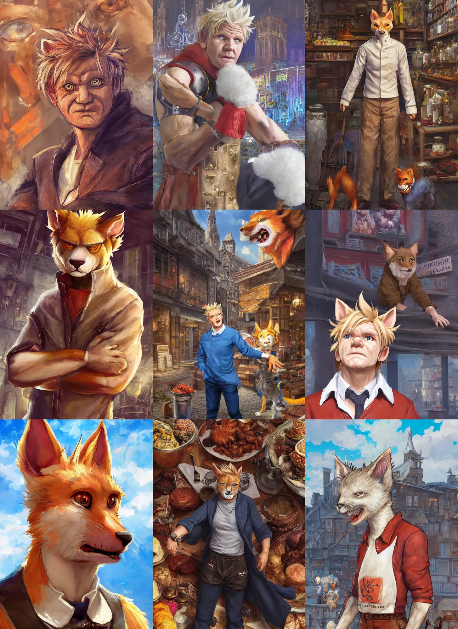 Prompt: full body character anthro fursona portrait of gordon ramsay with gorgeous detailed eyes in the marketplace in the sky, color page, tankoban, 4 k, tone mapping, doll, akihiko yoshida, james jean andrei riabovitchev marc simonetti, yoshitaka amano, h. hydrochaeris