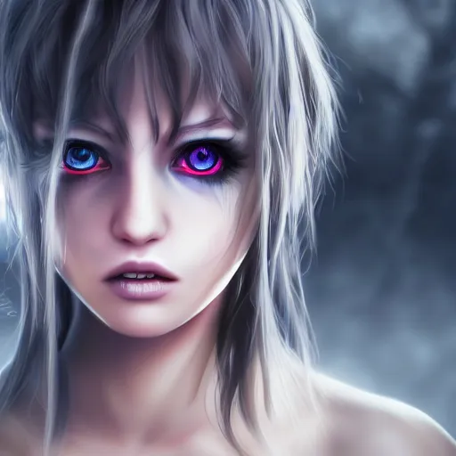 Image similar to photorealistic full shot portrait of angry darkness anime girl, beautifull eyes, electric aura, inspired by tim burton, detailed, unreal engine 4 k, volumetric light, fog