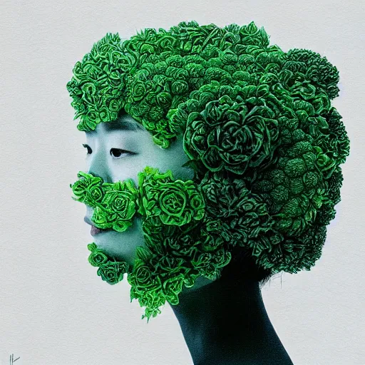 Image similar to the portrait of an unbelievably beautiful, elegant, and sophicated young korean instagram model partially made of broccoli, an ultrafine detailed illustration by james jean, intricate linework, bright colors, final fantasy, behance contest winner, vanitas, angular, altermodern, unreal engine 5 highly rendered, global illumination, radiant light, detailed and intricate environment