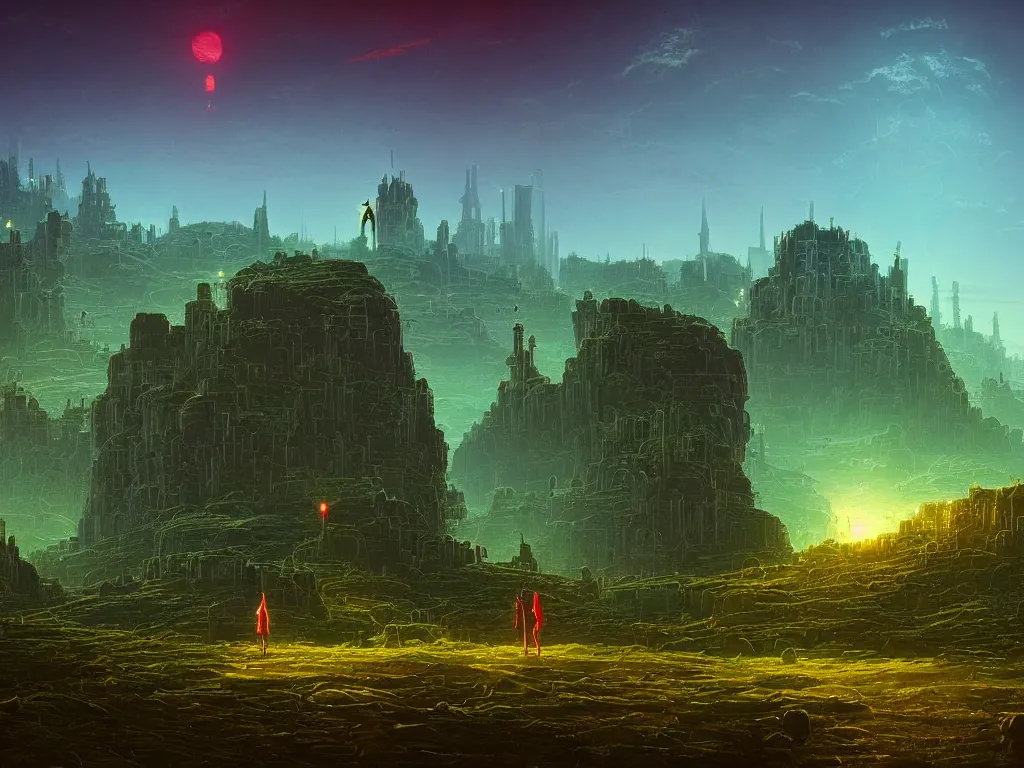 Prompt: synthwave landscape of a lone traveler walking towards a distant and lofty futuristic castle, complex, grid, wireframe, by Paul Lehr and Thomas Cole, wide angle, highly detailed, cinematic, Blue and Green color scheme