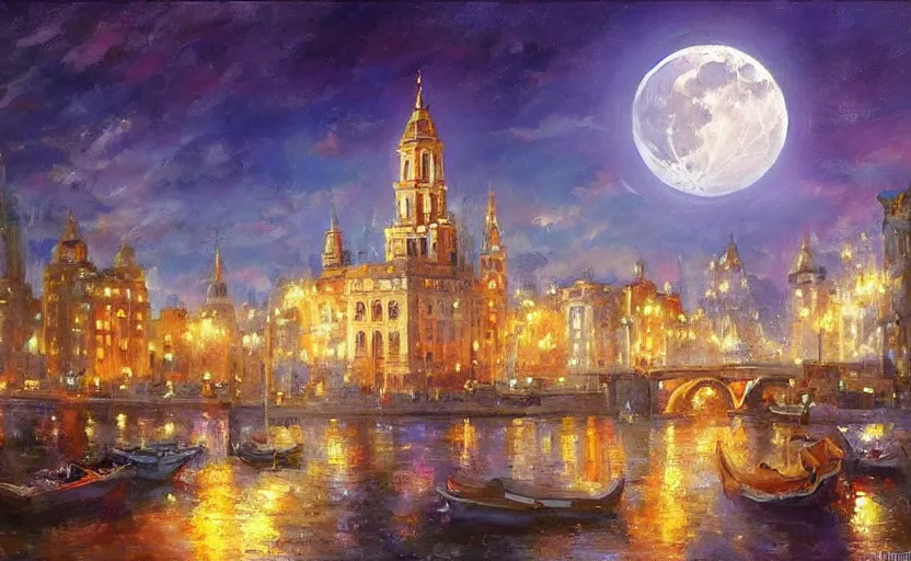 Image similar to Beautiful alchemy cityscpae, the moon is in the sky. By Konstantin Razumov, highly detailded