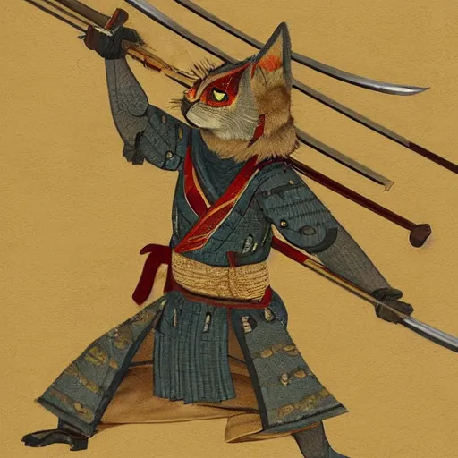 Prompt: amurai anthropomorphic cat, sharpening a sword near a fireplace in the woods, photorealistic, 8 k intricate detail,