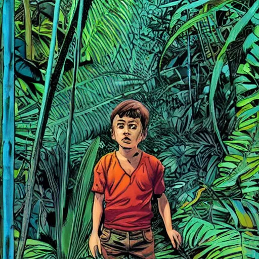 Prompt: Sergio Bleda and Jérémy Petiqueux and Alex Maleev artwork of a boy super scientist in a retro jungle explorer costume