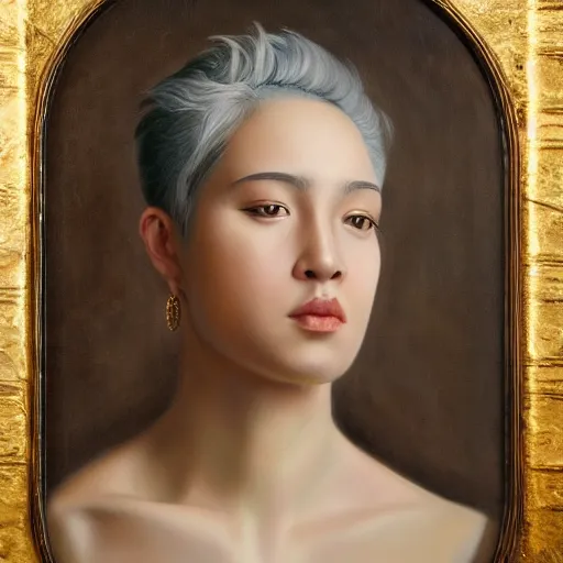 Image similar to A portrait of a powerful and thick beautiful non-binary person, medium tone skin, oil painting, majestic, detailed, high resolution