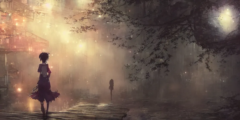 Image similar to anime, incredible wide screenshot, ultrawide, watercolor, paper texture, intricate, very detailed, ghost in the shell movie scene, girl in a dress walking the beautiful forest town, lanterns, wood bridges, night outdoors, fireflies, fog, dust