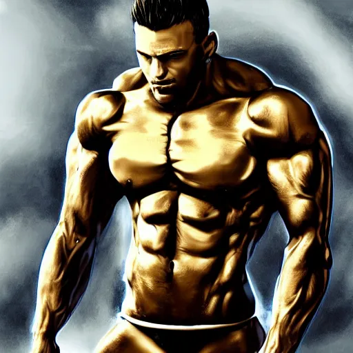 Image similar to a realistic detailed photo of a bodybuilder who is also a male android Chris Redfield, shiny skin, posing robotically, blank stare