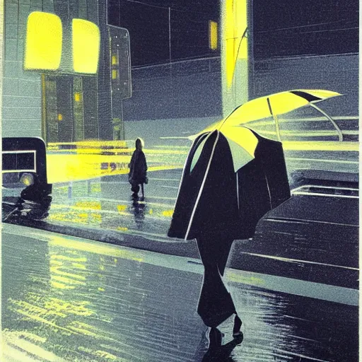 Prompt: ”Woman walking in rainy city street in the 1970s at night, by syd mead”