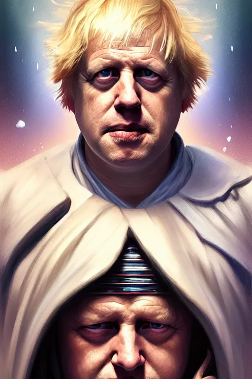 Image similar to Boris Johnson as Jedi, realistic portrait, symmetrical, highly detailed, digital painting, artstation, concept art, smooth, sharp focus, illustration, cinematic lighting, art by artgerm and greg rutkowski and alphonse mucha