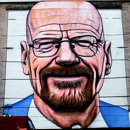 Prompt: street mural of a smiling walter white, high realism, photograph