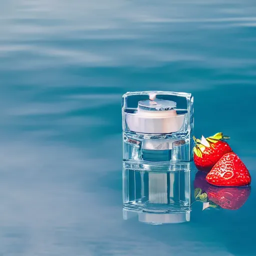 Image similar to centered clear clean perfume sitting in clear, rippling rose - water with floating strawberries on a bright sunny day, blue cloudy skies, crisp, surreal photography, illumination lighting, sharp focus, vogue