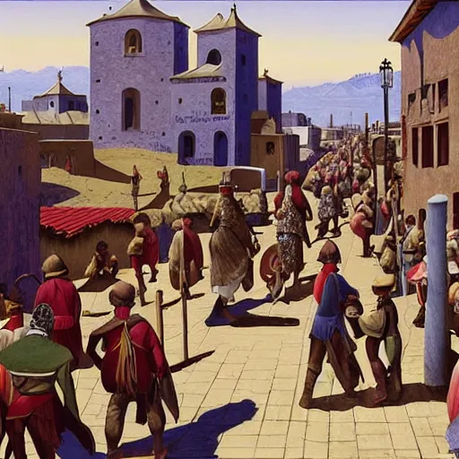 Image similar to people in the streets of Tordejas, the port capital of the Kingdom of Fuenia, in the year 1165. matte painting by James Gurney. gouache art by Angus McBride.