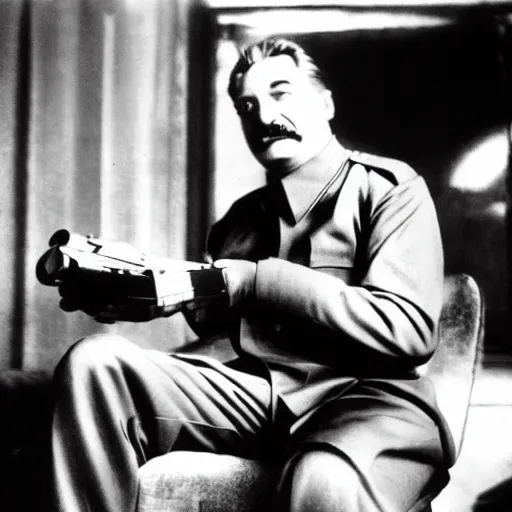 Image similar to Stalin playing on Playstation, black and white photograph