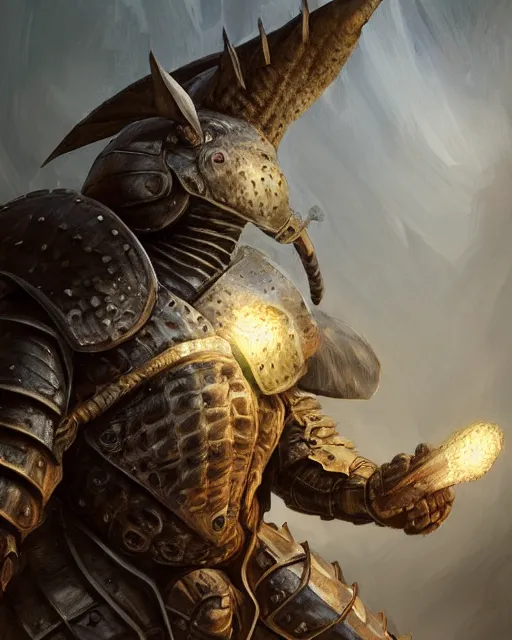 Prompt: Huge armadillo warrior in armor, portrait, woodlands, magic the gathering artwork, D&D, fantasy, cinematic lighting, centered, symmetrical, highly detailed, digital painting, artstation, concept art, smooth, sharp focus, illustration, volumetric lighting, epic Composition, 8k, art by Akihiko Yoshida and Greg Rutkowski and Craig Mullins, oil painting, cgsociety