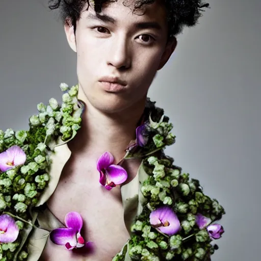 Prompt: a portrait of a beautiful young male wearing an alexander mcqueen croptop made of orchids , photographed by andrew thomas huang, artistic