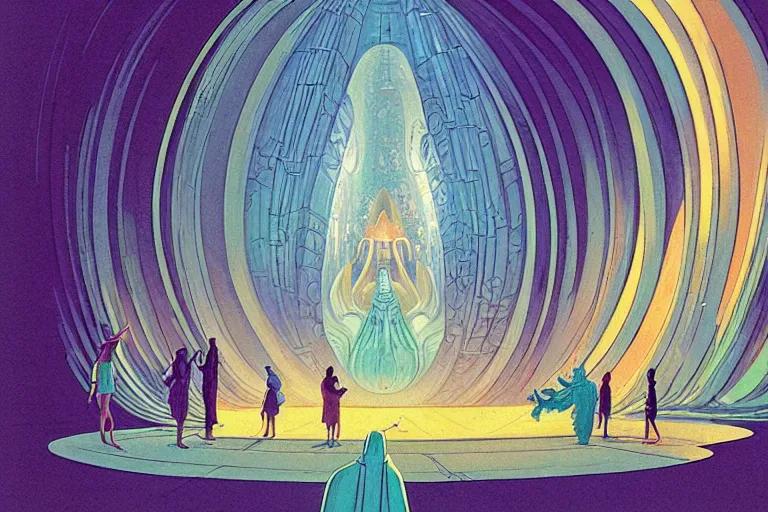 Prompt: delicate retro scifi illustration by charles vess of a large group of people entering the glowing doorway of a massive vulva - shaped temple constructed of carved iridescent pearls and house - sized crystals of impossible architecture floating in the astral plane, trending on cgsociety.