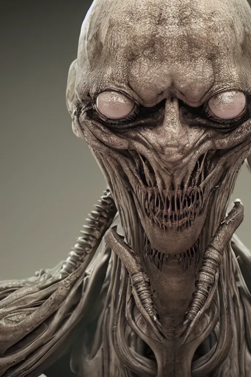 Prompt: ultrarealistic portrait of a scary alien, ominous background, by h. r. giger and h. p. lovecraft, octane render, cgi