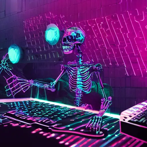 Prompt: cyberpunk skeleton band playing synthesizer, honeycomb structure, smokey lights, lasers, highly detailed, realistic, technology and magic,