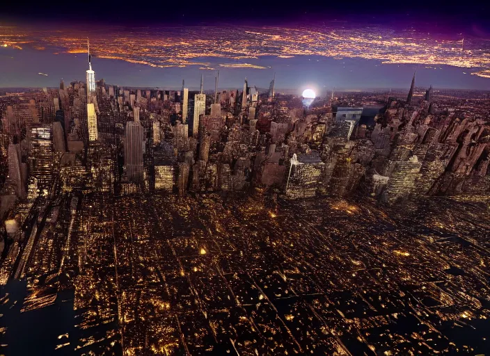 Image similar to film still of the moon breaking into pieces over manhatten in the new disaster movie, 8 k, night time