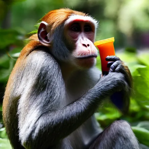 Prompt: A monkey drinking capri-sun