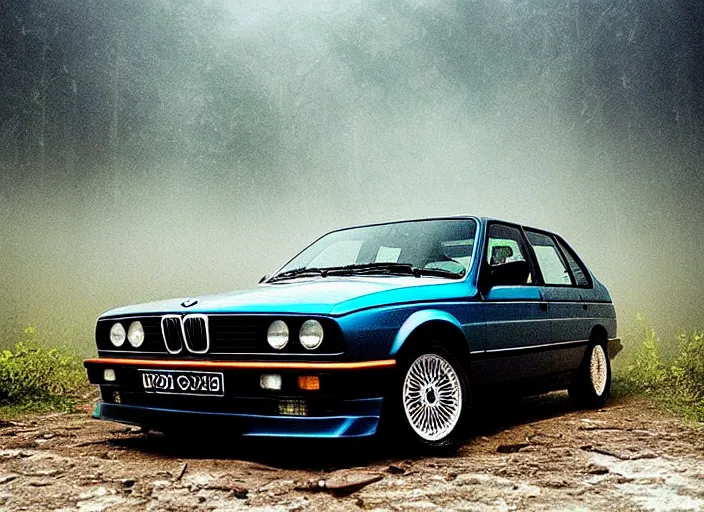 Image similar to “Illuminati in the mist of the forest, matter painting, mystical” !dream “BMW e30 driving through an underwater city, photo taken from a long shot, matter painting, iridescent small fish” H 896