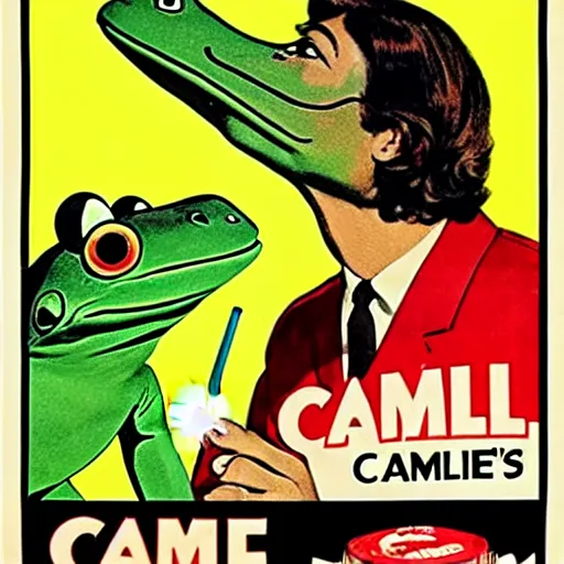 Image similar to A 1960s poster for Camel cigarettes with Camel Joe as a frog smoking a cigarette