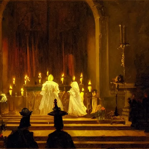 Image similar to baroque vampire ceremony, in the style of Ilya Repin, volumetric light, dramatic lighting, smoky