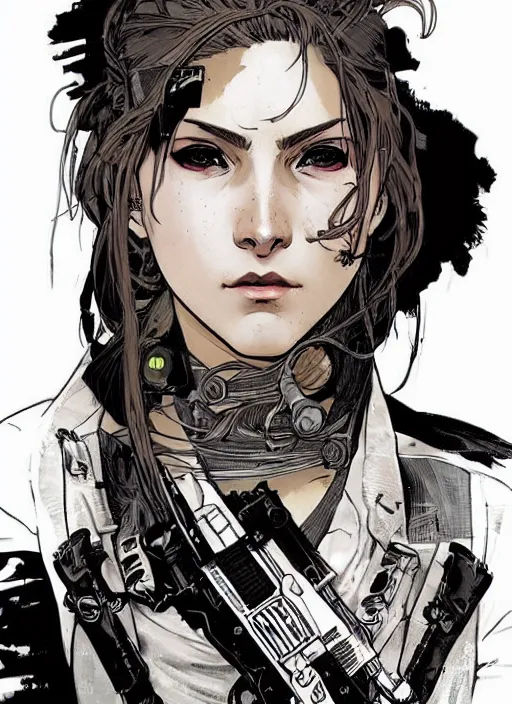 Prompt: beautiful cyberpunk assassin. portrait by ashley wood and alphonse mucha and laurie greasley and josan gonzalez and james gurney. metal gear solid, rb 6 s, hl 2, d & d, cyberpunk 2 0 7 7. gorgeous face. braids.