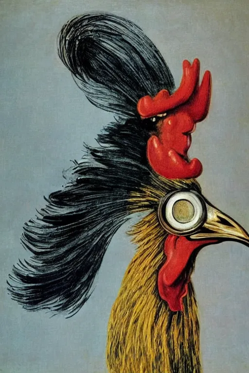 Prompt: portrait of a rooster, with top hat!!! and monocle!!!, by salvador dali