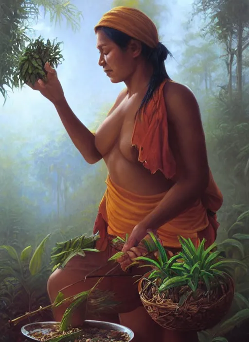 Prompt: a beautiful indigenous woman preparing plant medicines in the jungle, art by christophe vacher