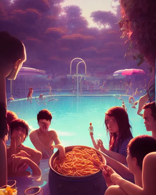 Prompt: highly detailed surreal vfx portrait of a pasta pool party, stephen bliss, unreal engine, greg rutkowski, loish, rhads, beeple, makoto shinkai and lois van baarle, ilya kuvshinov, rossdraws, tom bagshaw, global illumination, detailed and intricate environment