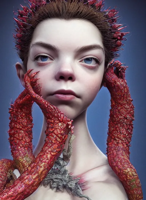 Image similar to hyper detailed 3d render like a Oil painting - very coherent Concrete profile (a beautiful fae princess protective playful expressive acrobatic from dark crystal that looks like Anya Taylor-Joy) seen red carpet photoshoot in UVIVF posing in scaly dress to Eat of the Strangling network of yellowcake aerochrome and milky Fruit and His delicate Hands hold of gossamer polyp blossoms bring iridescent fungal flowers whose spores black the foolish stars by Jacek Yerka, Ilya Kuvshinov, Mariusz Lewandowski, Houdini algorithmic generative render, golen ratio, Abstract brush strokes, Masterpiece, Victor Nizovtsev and James Gilleard, Zdzislaw Beksinski, Tom Whalen, Mark Ryden, Wolfgang Lettl, hints of Yayoi Kasuma and Dr. Seuss, Grant Wood, octane render, 8k