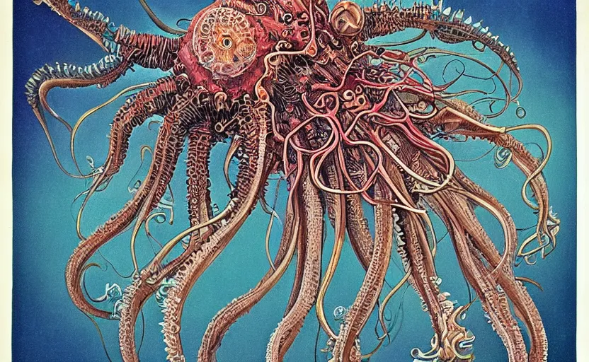 Image similar to sci - fi biomechanical, colored monster character design, fantasy. intricate jellyfish crab eagle lizard biomechanical. by ernst haeckel