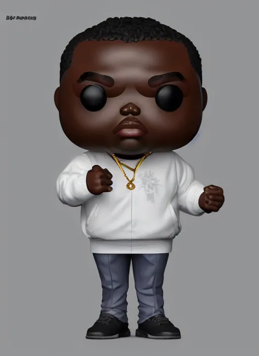 Prompt: full body 3 d render of notorious big as a funko pop, studio lighting, white background, blender, trending on artstation, 8 k, highly detailed